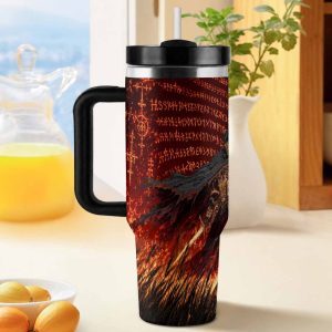 Dark Fantasy Fire Knight 40oz Insulated Flask. Elden Ring Style Rune Flaming Sword Pattern. Vacuum Insulated Stainless Steel. Double Wall Thermal Mug with Handle. Fits Most Car Cup Holders. Perfect for Office Desktop. Ideal for Outdoor Camping Road Trip. Wonderful Holiday Gift for Family & Friends.
