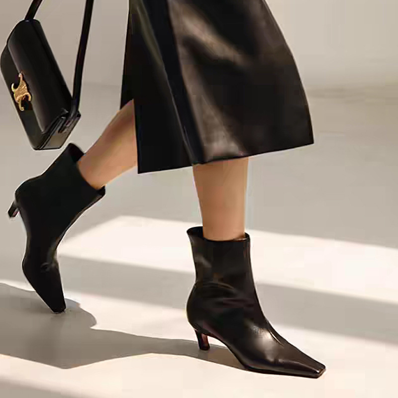 2019 Autumn and Winter Simple Cat Heel Slim Boots Niche French Small Ankle Boots Soft-Skinny Square-toe High-Heeled Short Boots Women