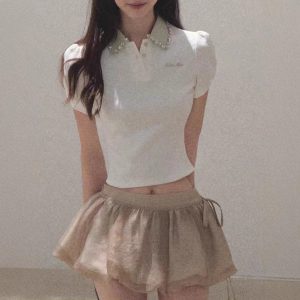/ "Sunset to the sun" New color broken diamond waist-closed collar short-sleeved shirt stretch-piece top